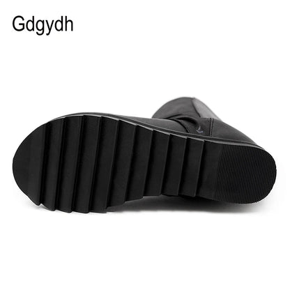 Gdgydh Zipper Design Black Women Shoes Wedges 2022 New Spring Autumn Open Toe Leather Mid-Calf Boots For Women Promotion Sale