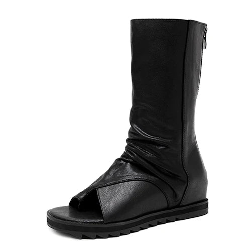 Gdgydh Zipper Design Black Women Shoes Wedges 2022 New Spring Autumn Open Toe Leather Mid-Calf Boots For Women Promotion Sale