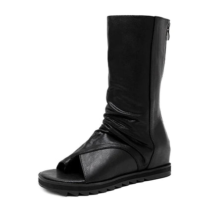 Gdgydh Zipper Design Black Women Shoes Wedges 2022 New Spring Autumn Open Toe Leather Mid-Calf Boots For Women Promotion Sale