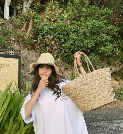New Bohemian Beach Bag Women Handmade Straw Bags Summer Grass Handbags Drawstring Basket  totes bag Travel Tote Large size