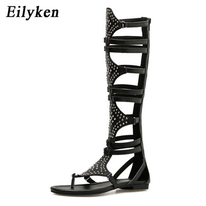 Eilyken 2026 New Golden Gladiator Roman Women Boots Sandals PU Leather Open Toe Knee High Rivet Leisure Flat Shoes