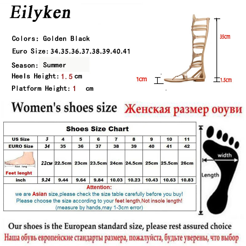 Eilyken 2026 New Golden Gladiator Roman Women Boots Sandals PU Leather Open Toe Knee High Rivet Leisure Flat Shoes