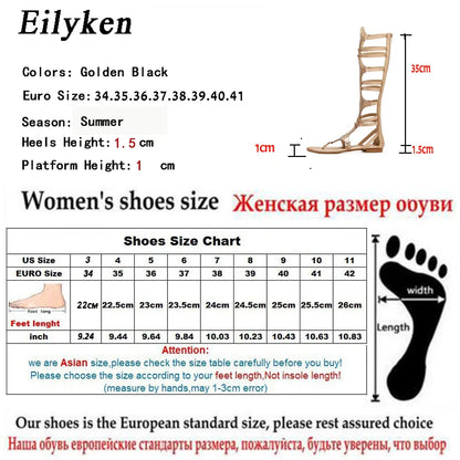 Eilyken 2026 New Golden Gladiator Roman Women Boots Sandals PU Leather Open Toe Knee High Rivet Leisure Flat Shoes