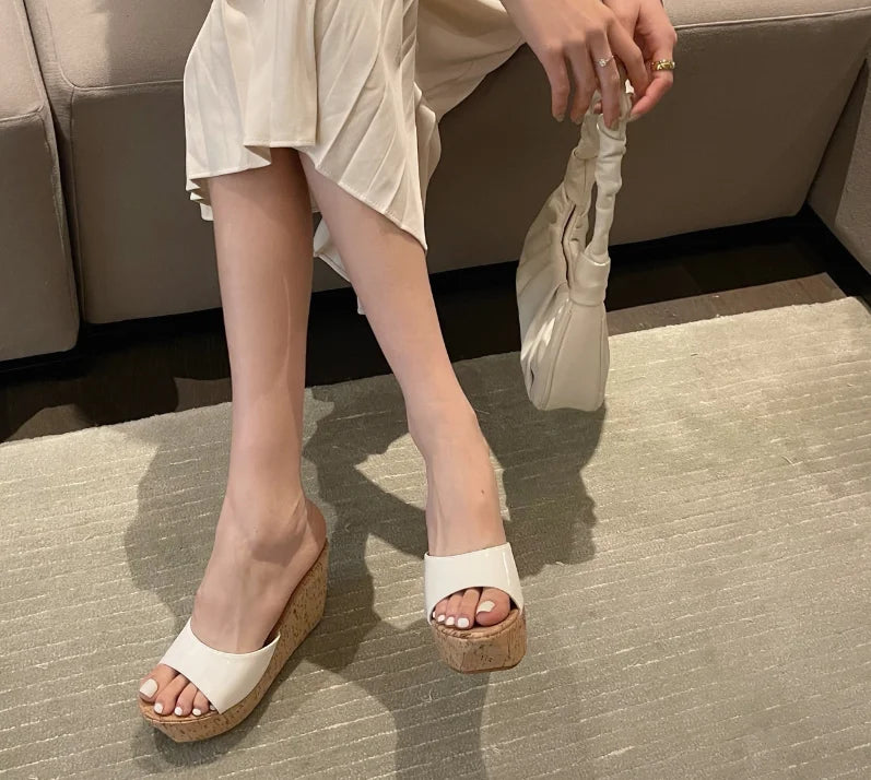 AIYKAZYSDL Women Peep Toe Pumps Wood Cork Heels Platform Shoes Wedge High Heel Slide Mule Outdoor Shoes Casual Summer Slippers