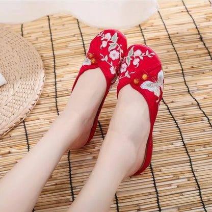 Ethnic Embroidered Satin Slippers for Women Summer Vintage Slides Ladies Dress Shoes Female Closed Toe Backless Sandals