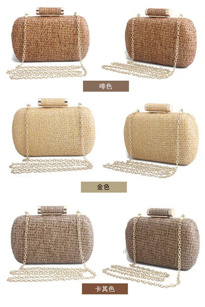 Summer Fashion Hand-woven Straw Bag Women Metal Clutches Chain Shoulder bag Crossbody Bags Ladies Party Evening Clutch Purse sac
