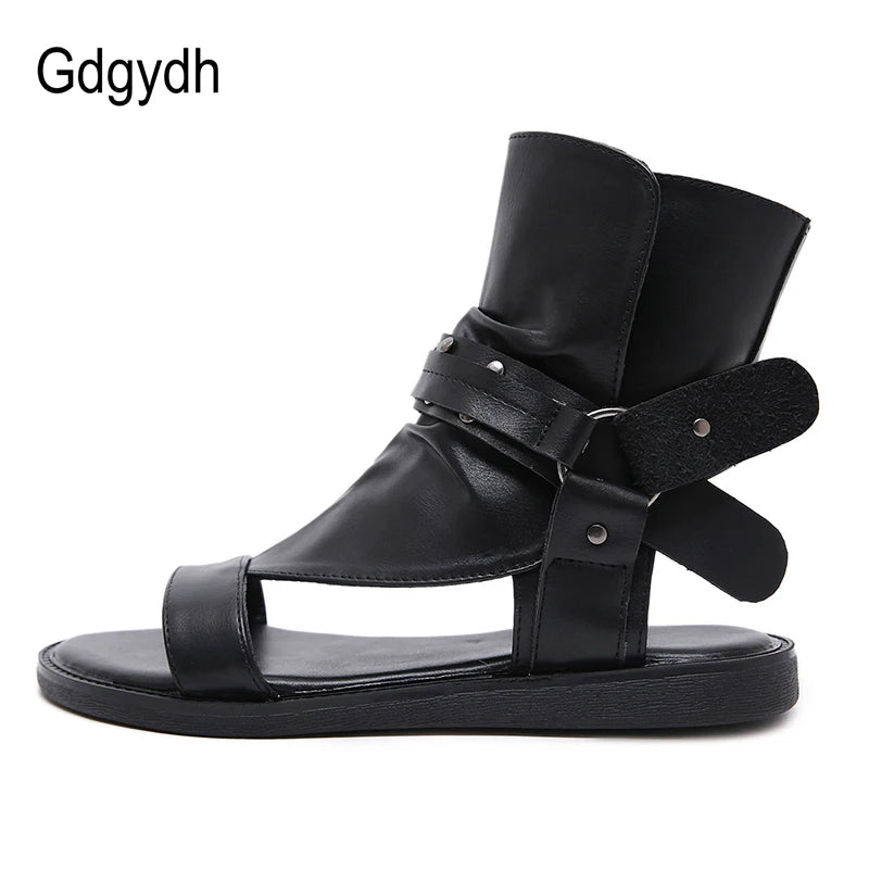 Gdgydh Cosplay Amine Japanese Style Flat Gladiator Sandals Women Buckle Ankle Strap Soft Leather Open Toe Beach Shoes Zipper