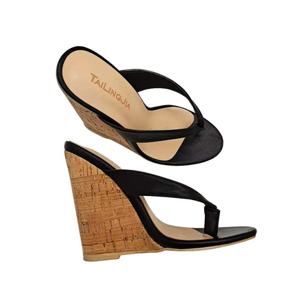 Cork Sandals for Women 2025 Wedges Heels Thong Sandal Ladies Sexy High Heel Mules Flip Flops Slippers Large Size Shoe