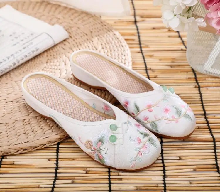Ethnic Embroidered Satin Slippers for Women Summer Vintage Slides Ladies Dress Shoes Female Closed Toe Backless Sandals