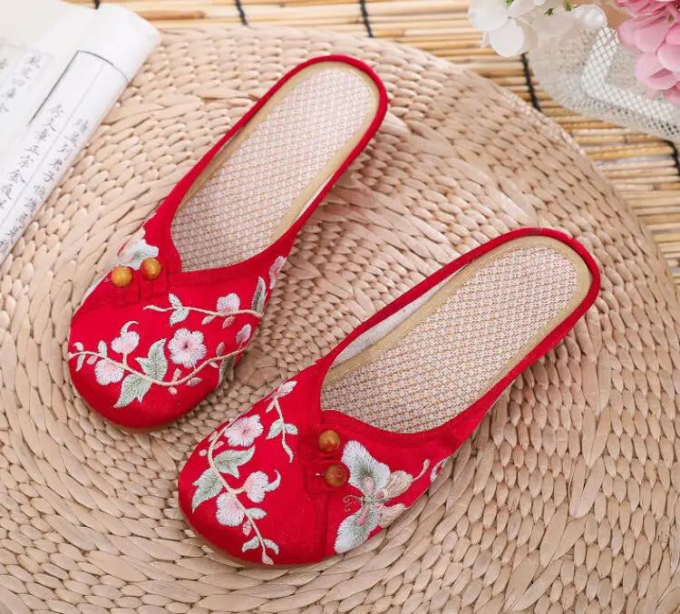 Ethnic Embroidered Satin Slippers for Women Summer Vintage Slides Ladies Dress Shoes Female Closed Toe Backless Sandals