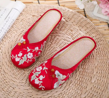 Ethnic Embroidered Satin Slippers for Women Summer Vintage Slides Ladies Dress Shoes Female Closed Toe Backless Sandals