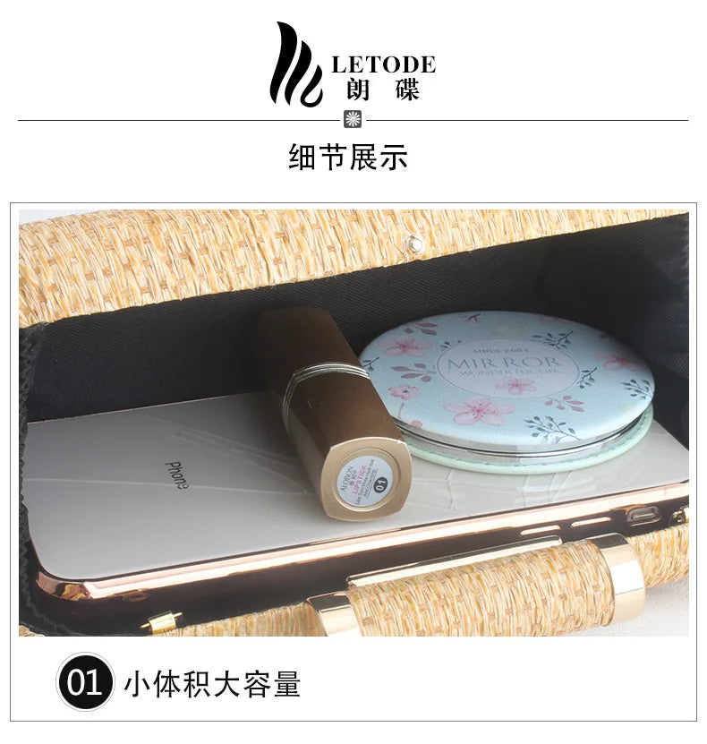 Summer Fashion Hand-woven Straw Bag Women Metal Clutches Chain Shoulder bag Crossbody Bags Ladies Party Evening Clutch Purse sac