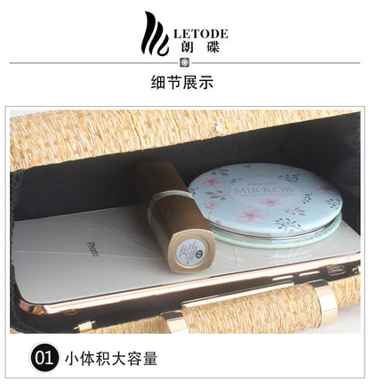 Summer Fashion Hand-woven Straw Bag Women Metal Clutches Chain Shoulder bag Crossbody Bags Ladies Party Evening Clutch Purse sac