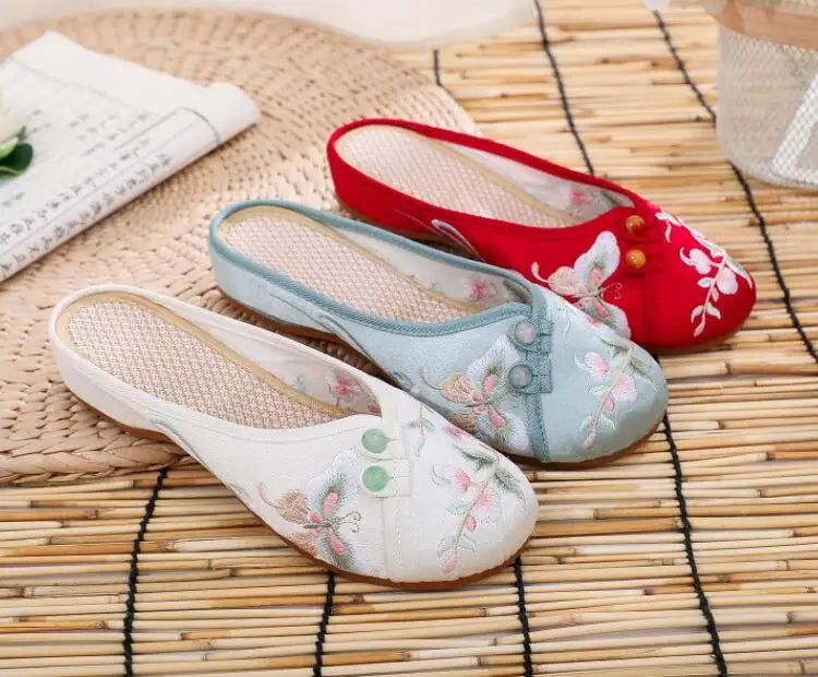 Ethnic Embroidered Satin Slippers for Women Summer Vintage Slides Ladies Dress Shoes Female Closed Toe Backless Sandals