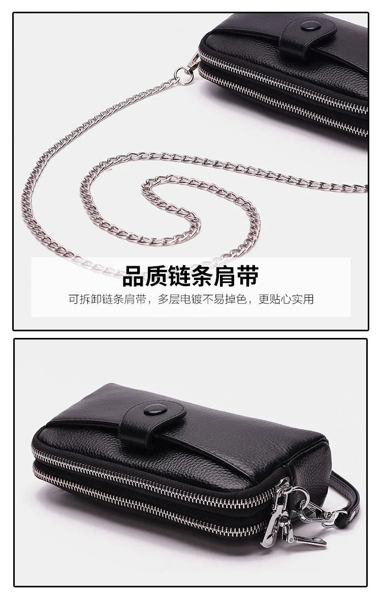 Genuine Leather women Long wallet Ladies Clutch Purses Double Deck Zipper Wrist Bag Female Sling bag chain Phone Crossbody bags