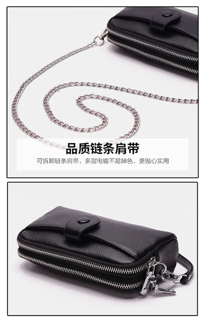 Genuine Leather women Long wallet Ladies Clutch Purses Double Deck Zipper Wrist Bag Female Sling bag chain Phone Crossbody bags