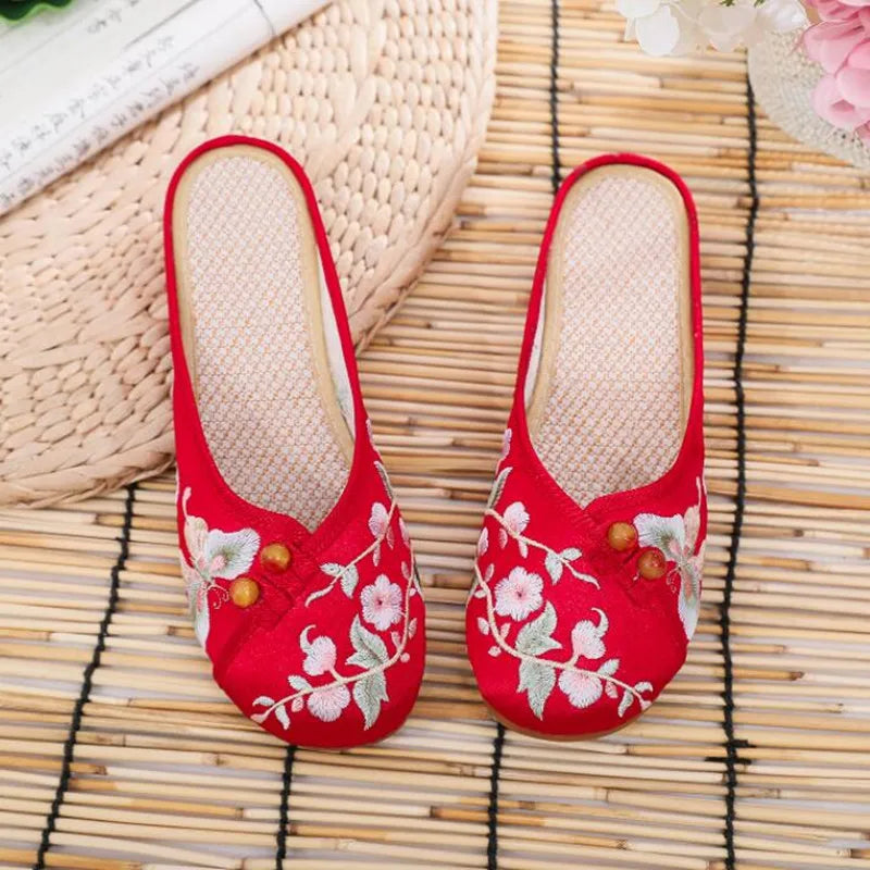 Ethnic Embroidered Satin Slippers for Women Summer Vintage Slides Ladies Dress Shoes Female Closed Toe Backless Sandals