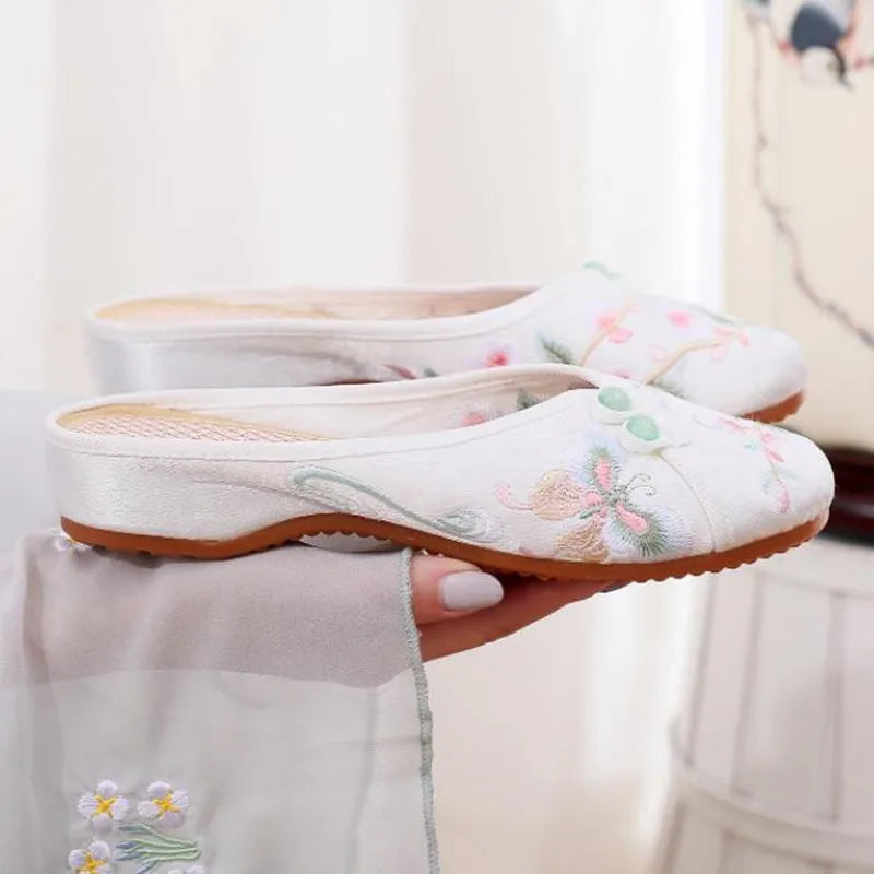 Ethnic Embroidered Satin Slippers for Women Summer Vintage Slides Ladies Dress Shoes Female Closed Toe Backless Sandals