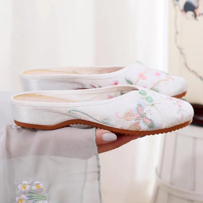 Ethnic Embroidered Satin Slippers for Women Summer Vintage Slides Ladies Dress Shoes Female Closed Toe Backless Sandals