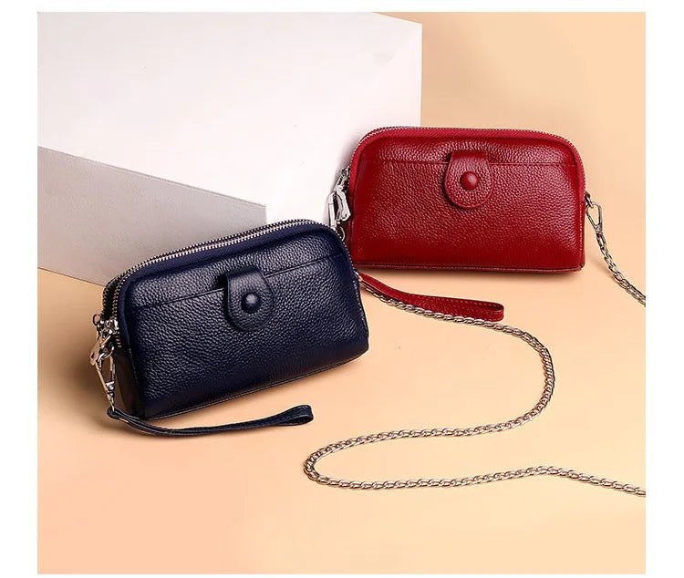 Genuine Leather women Long wallet Ladies Clutch Purses Double Deck Zipper Wrist Bag Female Sling bag chain Phone Crossbody bags