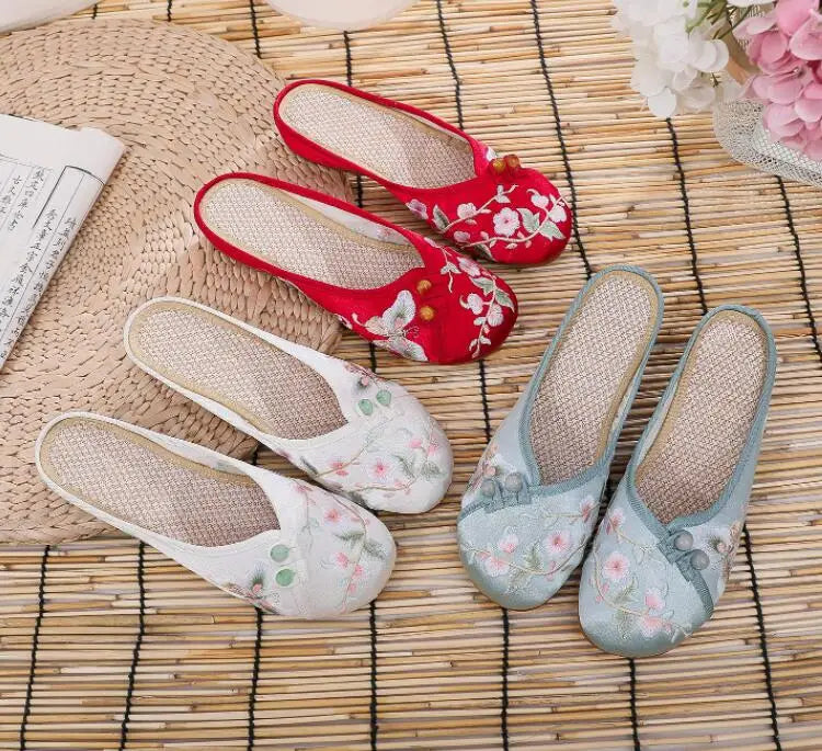 Ethnic Embroidered Satin Slippers for Women Summer Vintage Slides Ladies Dress Shoes Female Closed Toe Backless Sandals