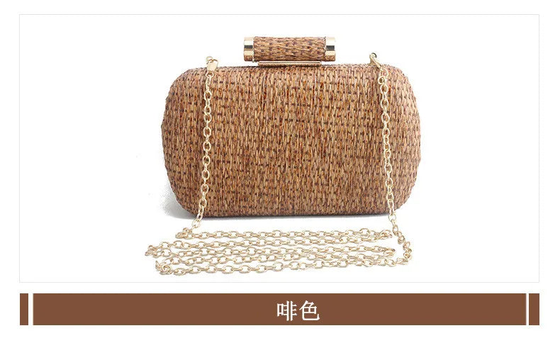 Summer Fashion Hand-woven Straw Bag Women Metal Clutches Chain Shoulder bag Crossbody Bags Ladies Party Evening Clutch Purse sac
