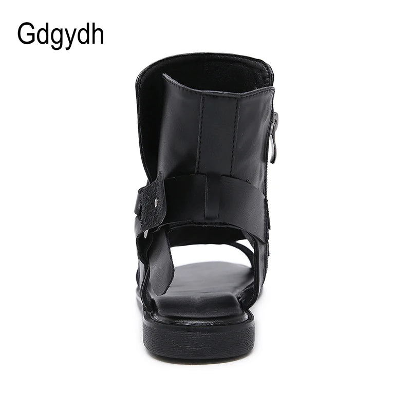 Gdgydh Cosplay Amine Japanese Style Flat Gladiator Sandals Women Buckle Ankle Strap Soft Leather Open Toe Beach Shoes Zipper