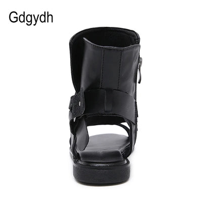 Gdgydh Cosplay Amine Japanese Style Flat Gladiator Sandals Women Buckle Ankle Strap Soft Leather Open Toe Beach Shoes Zipper