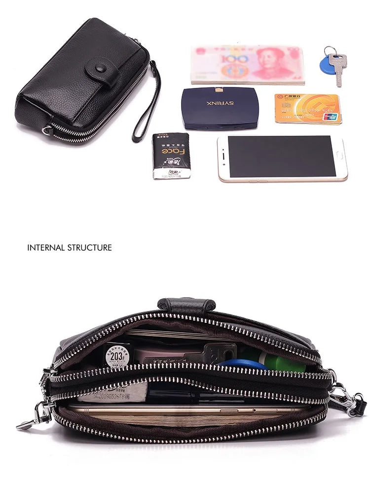 Genuine Leather women Long wallet Ladies Clutch Purses Double Deck Zipper Wrist Bag Female Sling bag chain Phone Crossbody bags