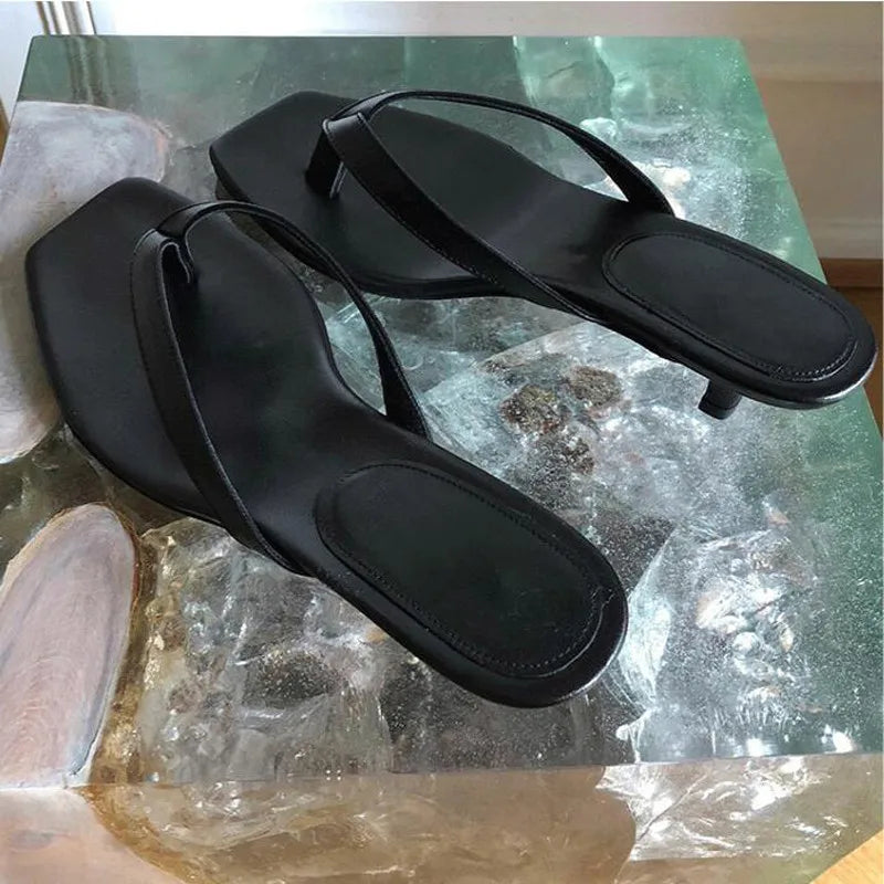 New Summer Square Toe Flip Flops Heel Sandals Women Stiletto Heels Kitten Heel Sandalias Mujer Summer Luxury Slipper Women