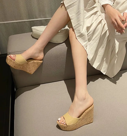 AIYKAZYSDL Women Peep Toe Pumps Wood Cork Heels Platform Shoes Wedge High Heel Slide Mule Outdoor Shoes Casual Summer Slippers