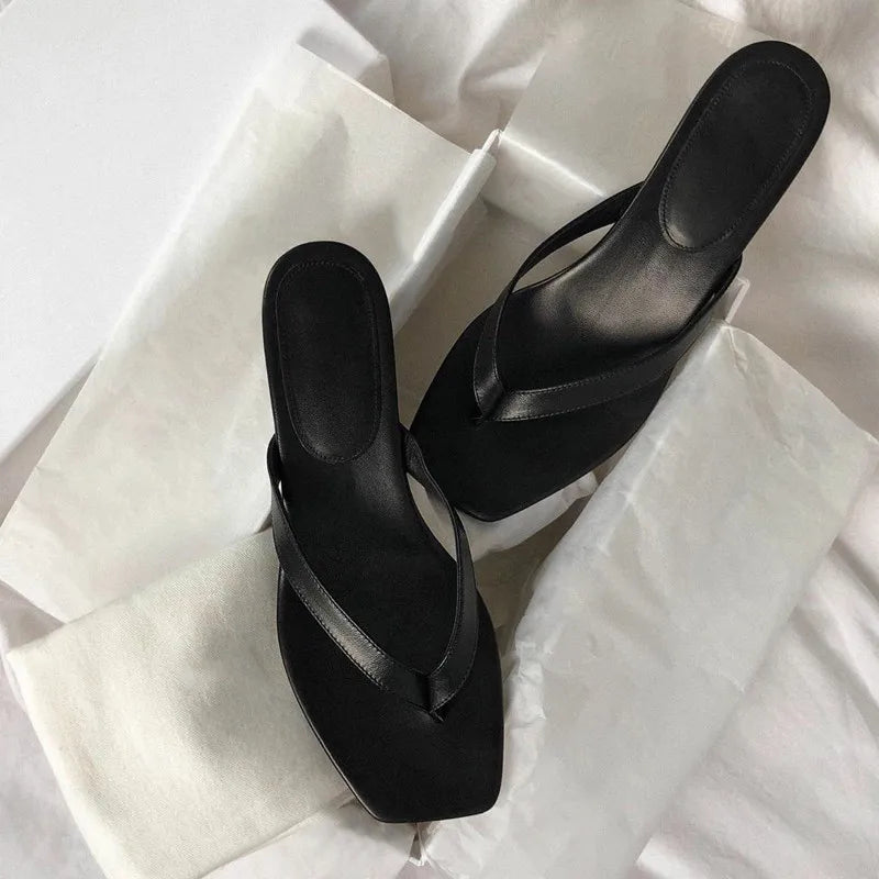 New Summer Square Toe Flip Flops Heel Sandals Women Stiletto Heels Kitten Heel Sandalias Mujer Summer Luxury Slipper Women