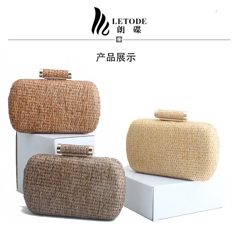 Summer Fashion Hand-woven Straw Bag Women Metal Clutches Chain Shoulder bag Crossbody Bags Ladies Party Evening Clutch Purse sac