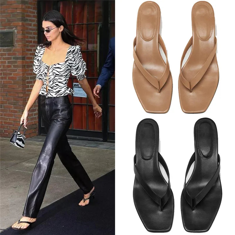 New Summer Square Toe Flip Flops Heel Sandals Women Stiletto Heels Kitten Heel Sandalias Mujer Summer Luxury Slipper Women