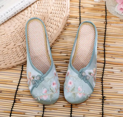 Ethnic Embroidered Satin Slippers for Women Summer Vintage Slides Ladies Dress Shoes Female Closed Toe Backless Sandals