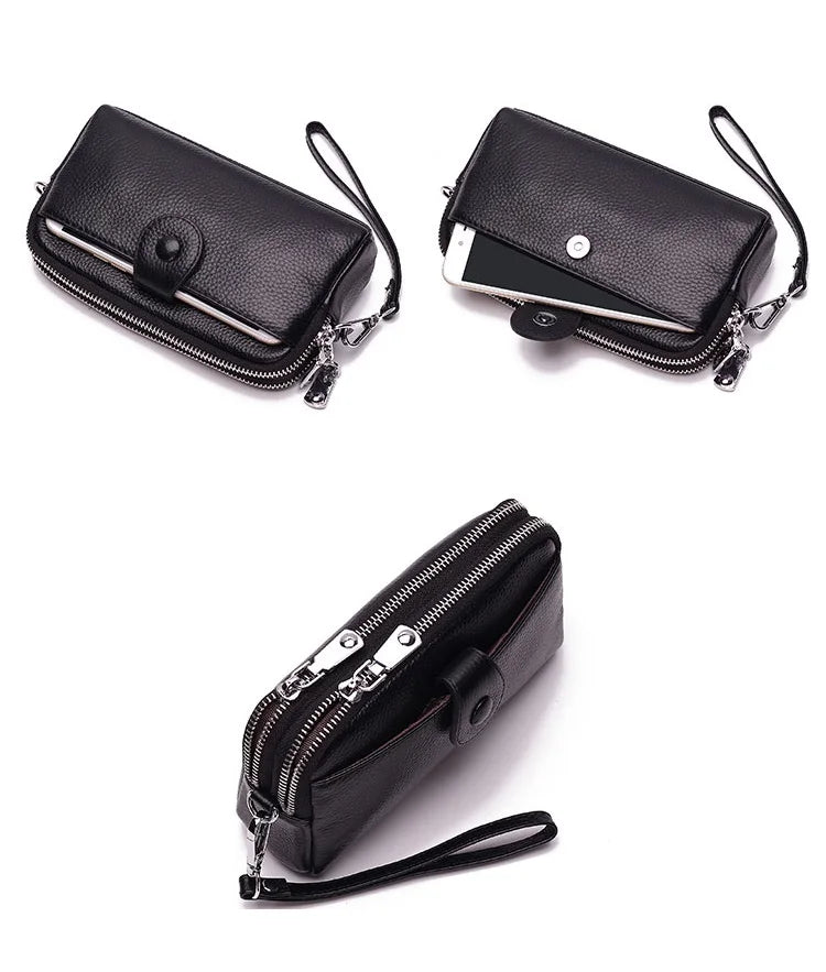 Genuine Leather women Long wallet Ladies Clutch Purses Double Deck Zipper Wrist Bag Female Sling bag chain Phone Crossbody bags