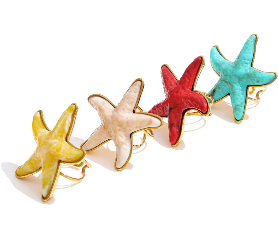 Yhpup 4 Color Ocean Style Acrylic Resin Big Starfish Adjustable Ring Stainless Steel Summer Vacation Jewelry for Women Tropical