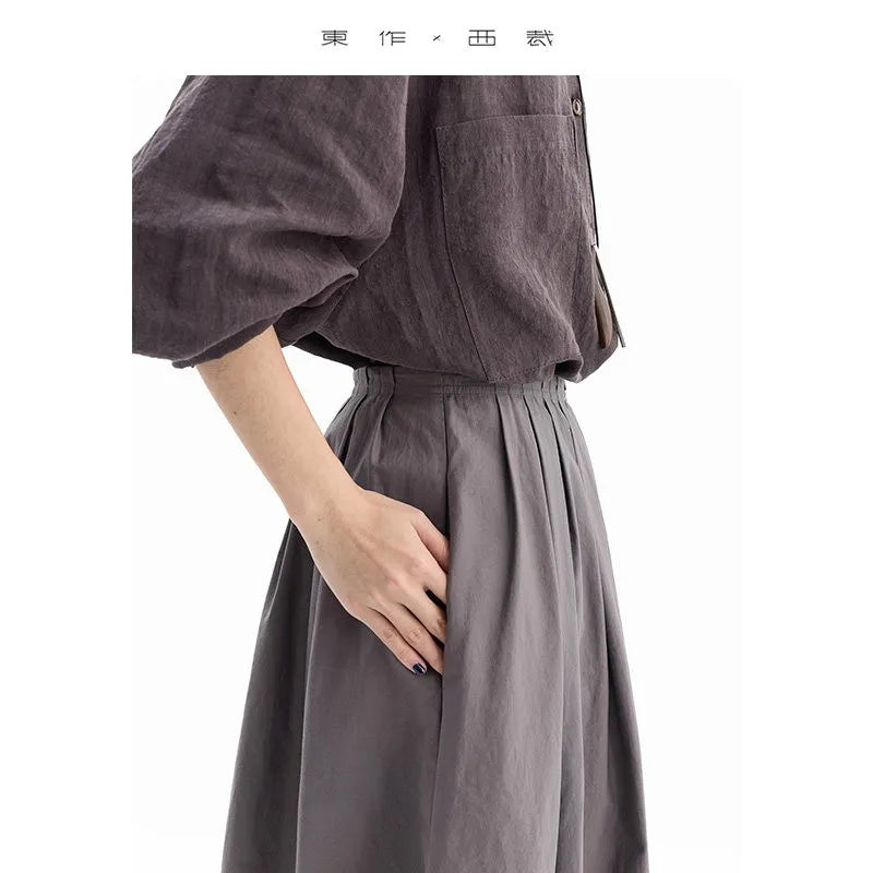 Hepburn-Style Mini Skirt~Pleated Skirt for Petite Figures, Gray-Purple 100% Cotton Umbrella Skirt, Gray A-Line Skirt, New Style for Women