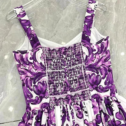Seifrmann Baroque print Slim Ball Gown Dress Spaghetti Strap Backless Pleated Splicing Casual Holiday A-Line Cotton Dresses