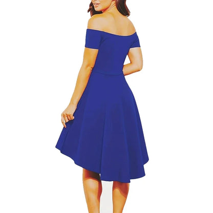 Off-Shoulder Elegance Women’s Asymmetrical Midi Dress - Solid Slim-Fit Season-Versatile Comfort Stretch