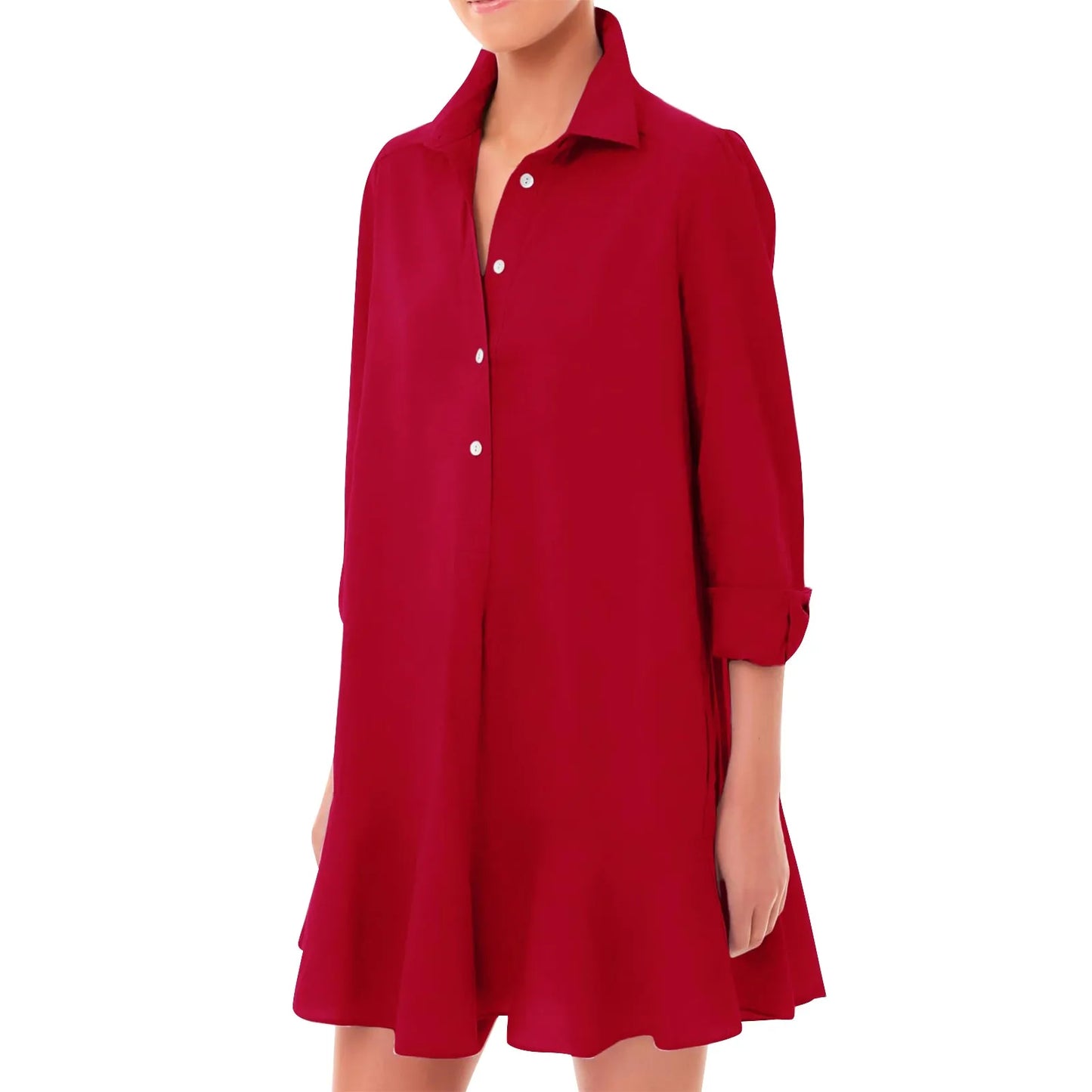 Women Loose Dresses Fashion Casual Half Open Shirt Hem Ruffle Classic Solid Dresses Daily Commute Date Simple Long Sleeve Dress