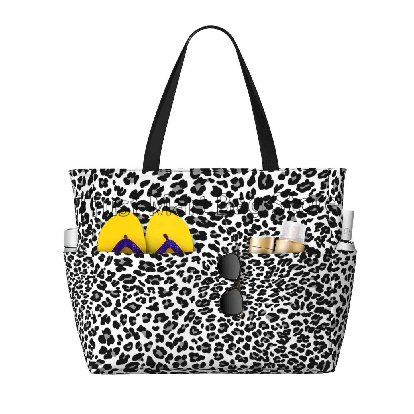 Leopard Print Large Waterproof Beach Bag for Women Sandproof Tote Bag Pool Bag with Zipper and Pockets for Travel Vacation Gym