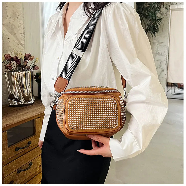 Fashion Shiny Women crossbody bags PU leather Wide strap Female Shoulder bags Ladies Waist Pack and Purses Saddle Chest Bags
