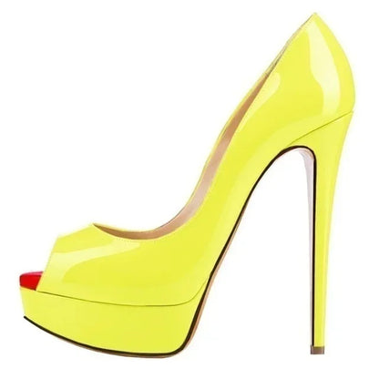 Women Stilettos Sexy Pumps 14cm Extremely Platform Peep Toe High Heels Patent Leather Party Nighclub Dress Red Wedding Shoes