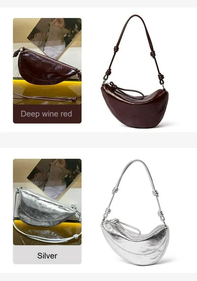 Fashionable Genuine Leather Saddle Bag, Top-grain Cowhide Dumpling Bag, High-end and Versatile Single-shoulder Crossbody Bag