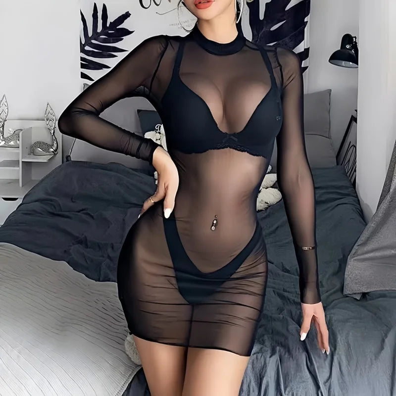 FREEAUCE Ladies Sexy See Through Dresses for Womens Autumn Winter Long Sleeve Casual Party Night Club Wear Mini Dress Plus Size