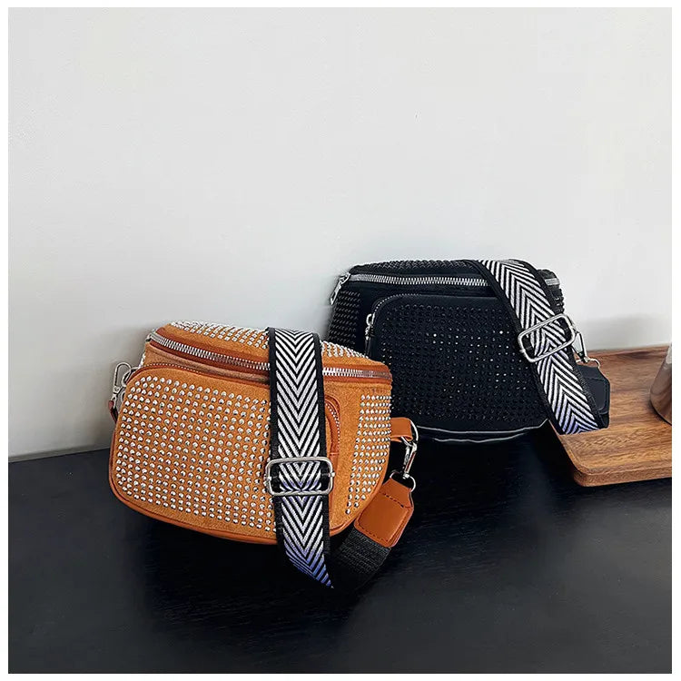 Fashion Shiny Women crossbody bags PU leather Wide strap Female Shoulder bags Ladies Waist Pack and Purses Saddle Chest Bags