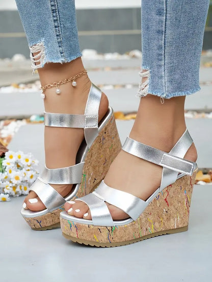 Women's Silver Chunky Platform Sandals 2026 Summer Cork Thick Sole Wedge Sandals Woman Plus Size 43 Pu Leather Casual Shoes