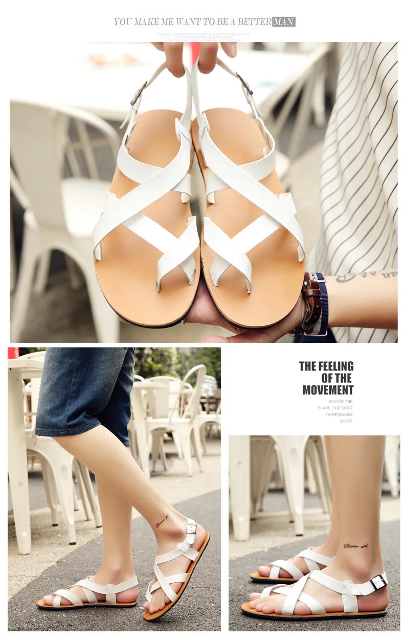 New Summer Men Sandals Leather Vintage Flat Heel Solid Buckle Beach Gladiator Sandals Shoes Breathable Men Flip Flops Sandals