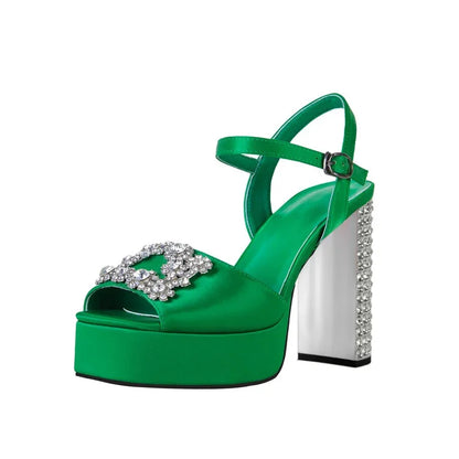 Square Headed Satin Banquet Sandals 2026 New Rhinestone Thick Heel High Heels 35-43 Leather Waterproof Platform Show Women Shoes